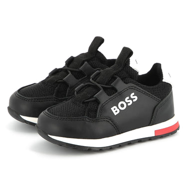 BOSS Tenis para niño chico sin agujetas color negro, detallen en rojo y logo BOSS al costado